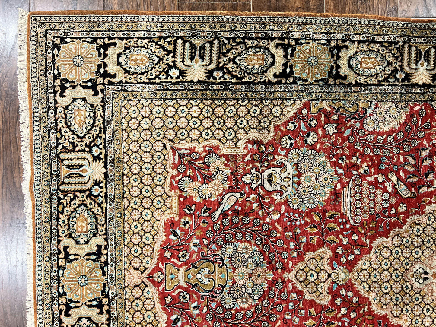 USED Wonderful Persian Silk Rug 5x7, Birds Floral Vases, Red, Hand Knotted Silk Fine Oriental Carpet, Handmade Vintage, Persian Qum Rug, 400 KPSI