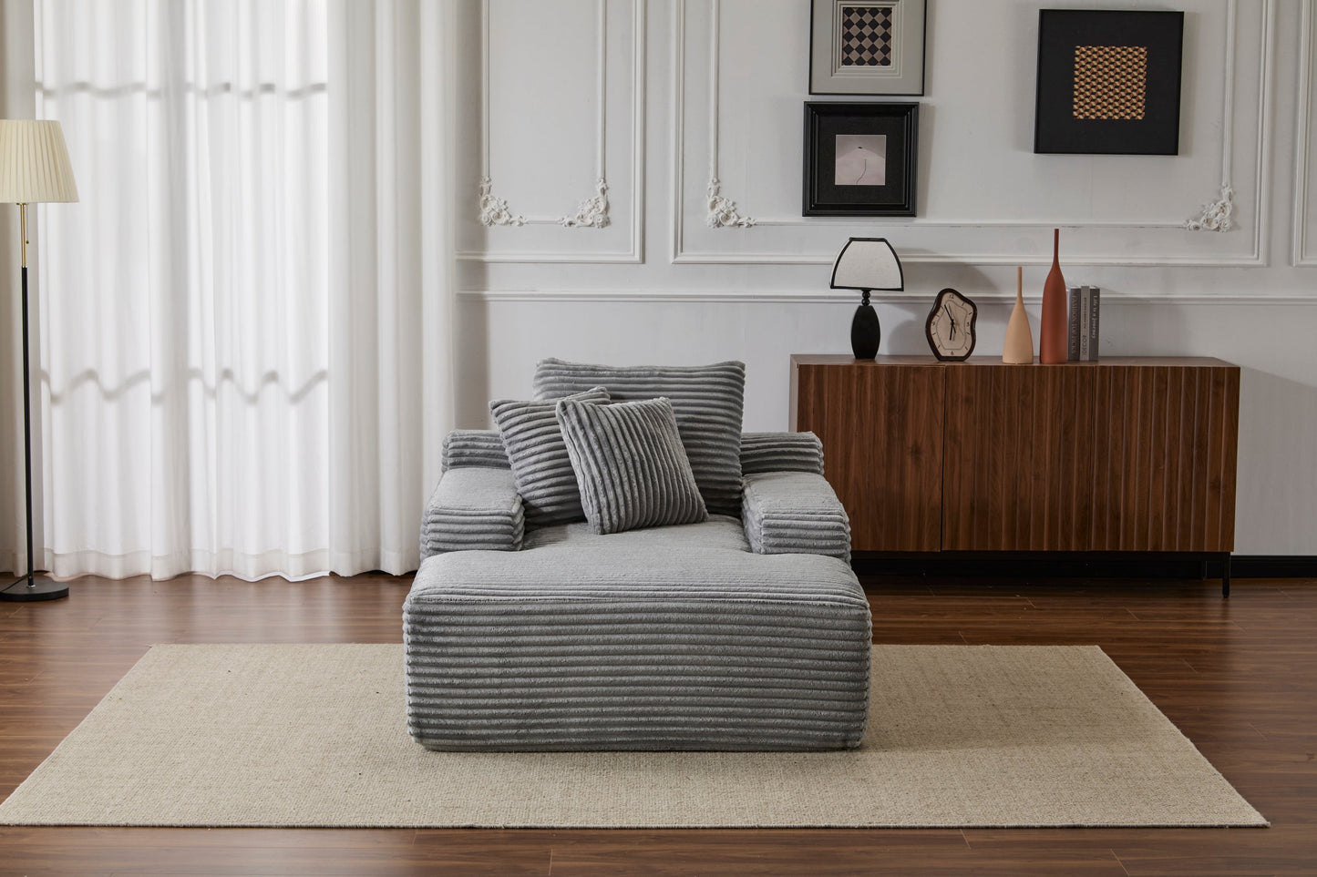 NEW Grey Oversized Chaise Lounge Chair Cozy Cloud Couch Modern Plush Corduroy Upholstered Sleeper Sofa Daybed with 3 Throw Pillows and Wide Armrest