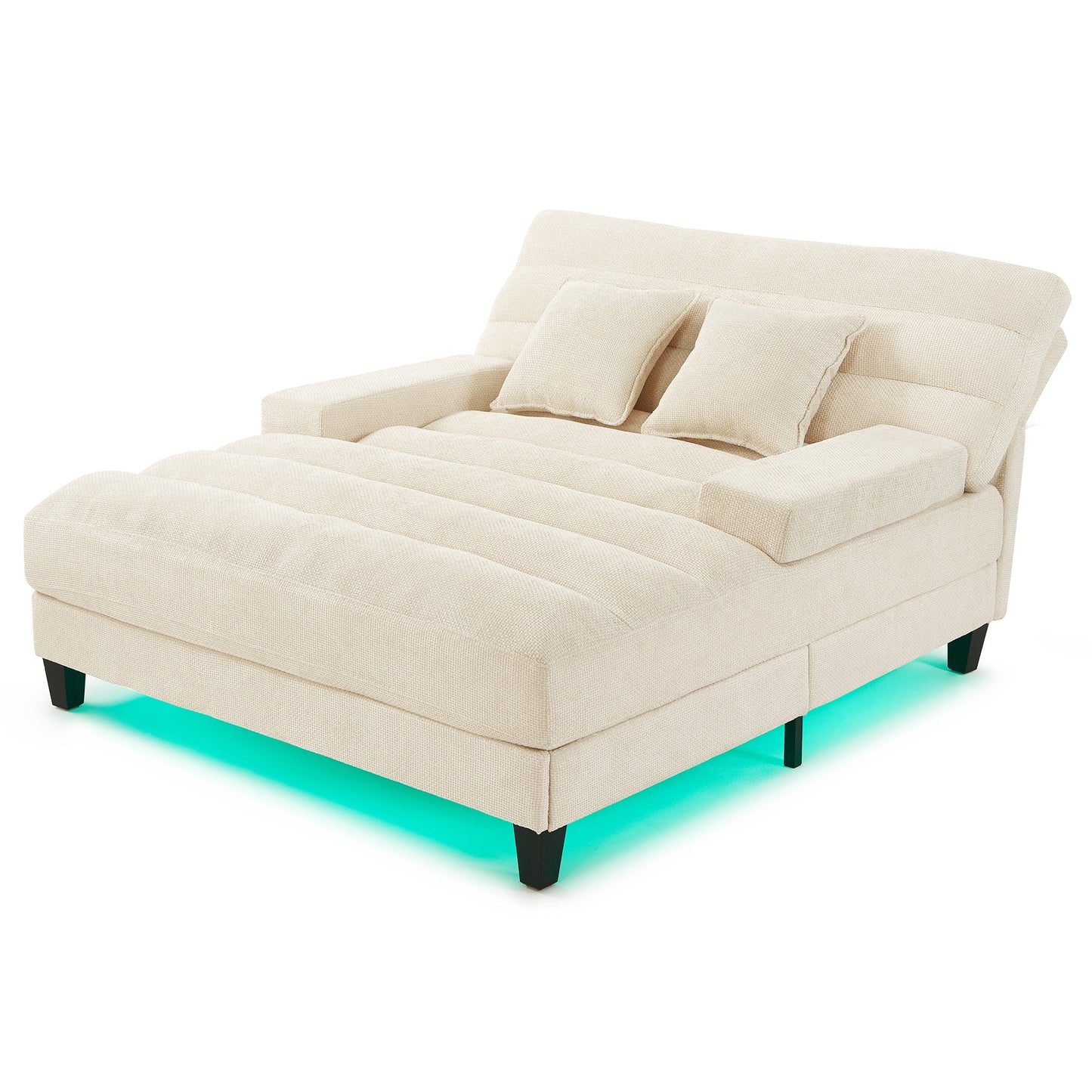 NEW Modern Beige Chaise Lounge Sofa 57.1' Bed Chenille Upholstered Lounge Chair with Adjustable Backrest and LED Light Strip
