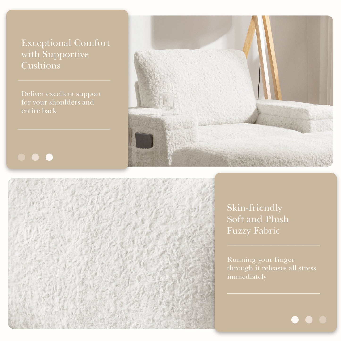 NEW Luxurious Faux Rabbit Fur Oversized Chaise Lounge Sofa Bed with Storage Ottoman Armrests and Cup Holders