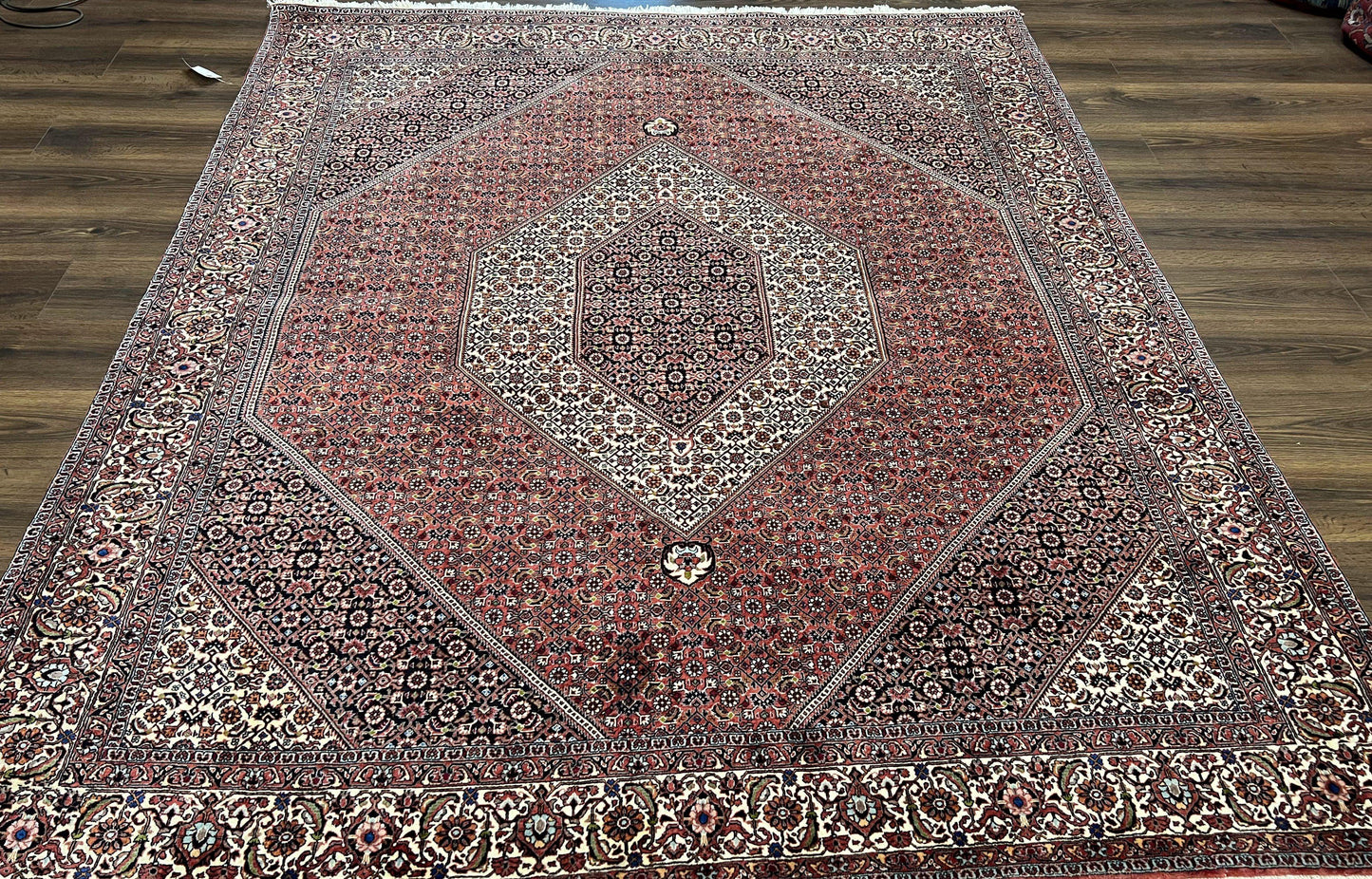 USED Wonderful Persian Bidjar Rug 7x8 ft, Almost Square Oriental Carpet, Herati Mahi, Highly Detailed, Ivory Red Navy Blue, Very Fine Handmade Bijar Rug