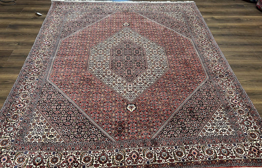 USED Wonderful Persian Bidjar Rug 7x8 ft, Almost Square Oriental Carpet, Herati Mahi, Highly Detailed, Ivory Red Navy Blue, Very Fine Handmade Bijar Rug
