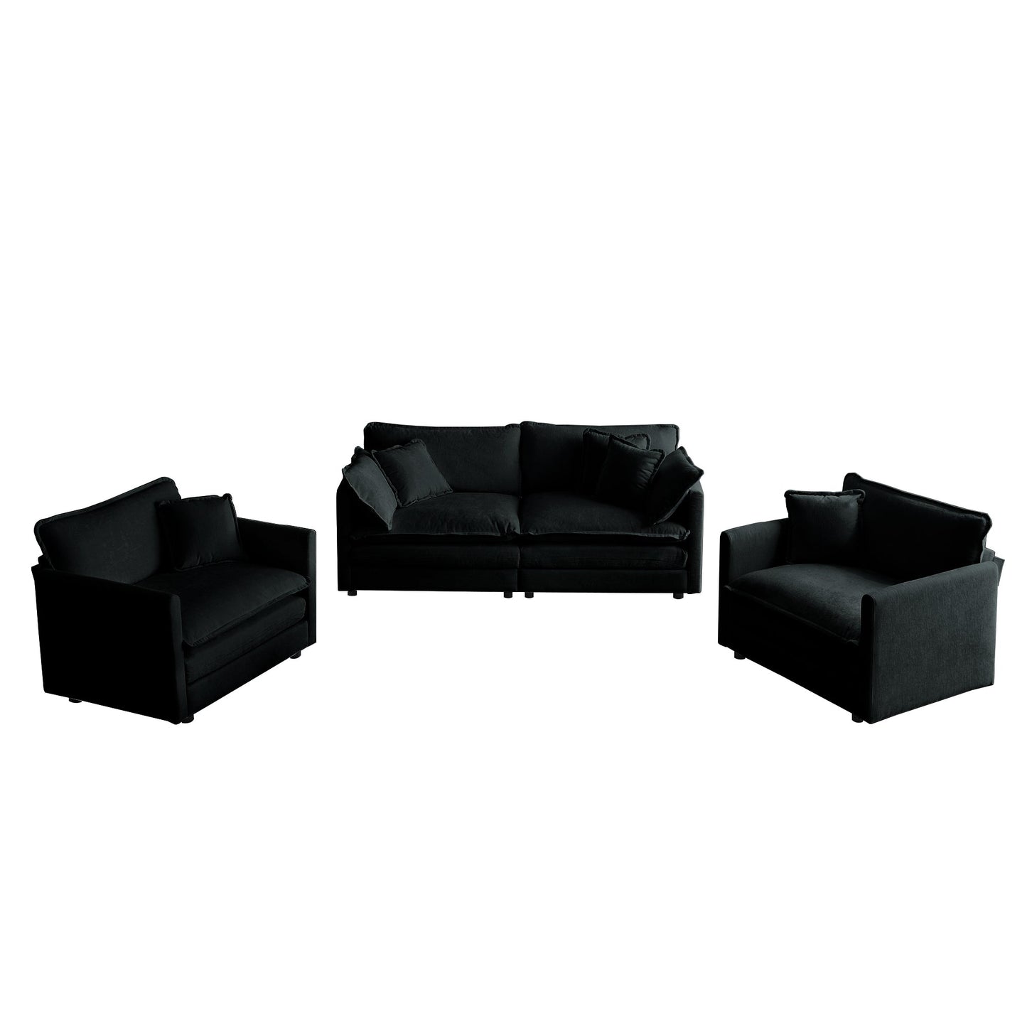 NEW Black Chenille 3 Piece Sofa Set with Arm Pillows and Toss Pillows