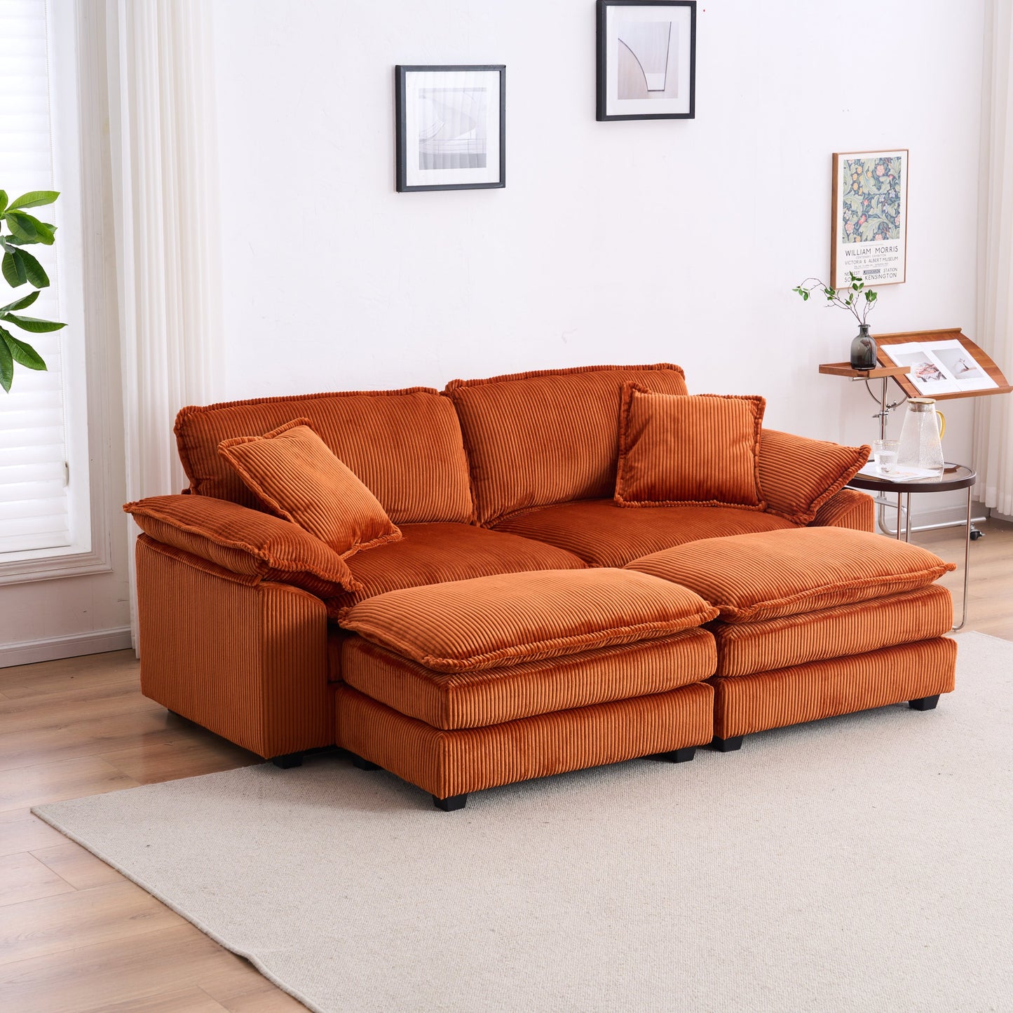 NEW Corduroy 2-seats sofa With 2 back pillows,2 toss pillows and two ottoman,Comfy Sofa- Deep Seat Couch for Living Room,Orange