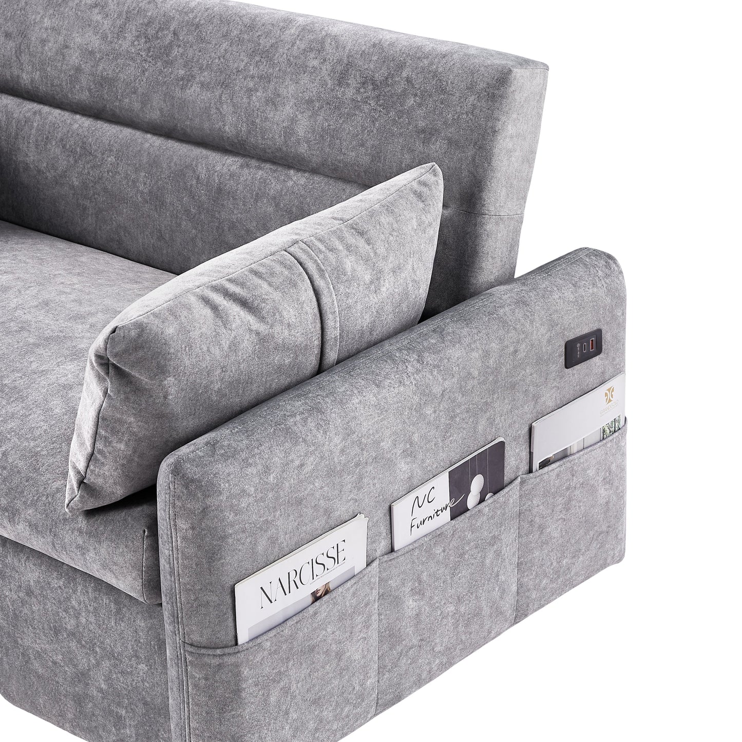 NEW Contemporary Grey Pull Out Sleep Sofa Bed Loveseat with Adjustable Backrest Storage Pockets USB Ports and 2 Soft Pillows