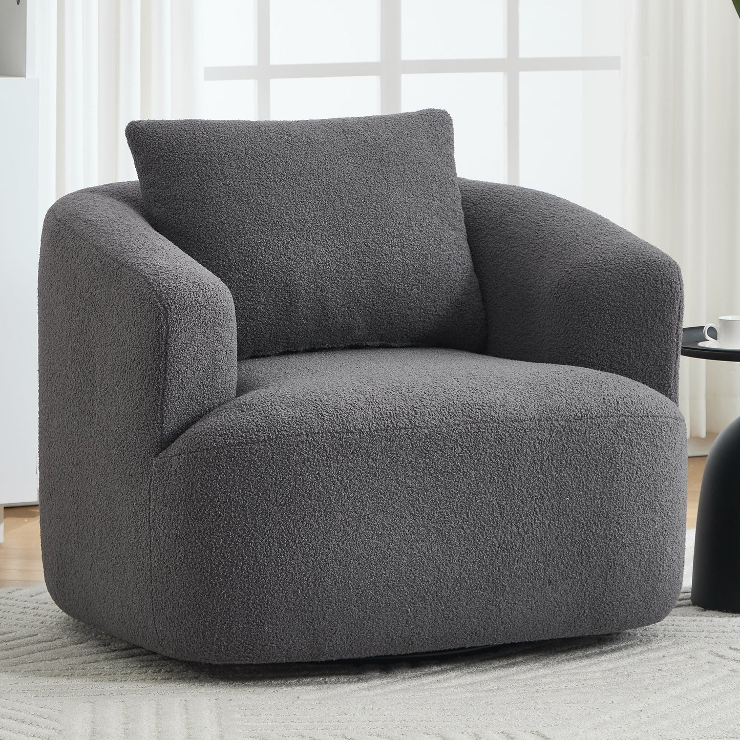 NEW 360° Swivel Round Upholstered Comfy Chair With One Soft Pillow, Teddy Fleece High-Resilience Sponge Single Sofa, No Assembly for Living Room, Bedroom, Apartment, Dark Grey.