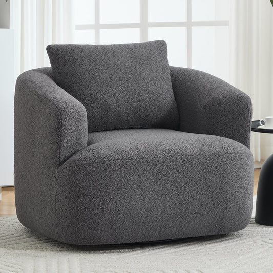 NEW 360° Swivel Round Upholstered Comfy Chair With One Soft Pillow, Teddy Fleece High-Resilience Sponge Single Sofa, No Assembly for Living Room, Bedroom, Apartment, Dark Grey.