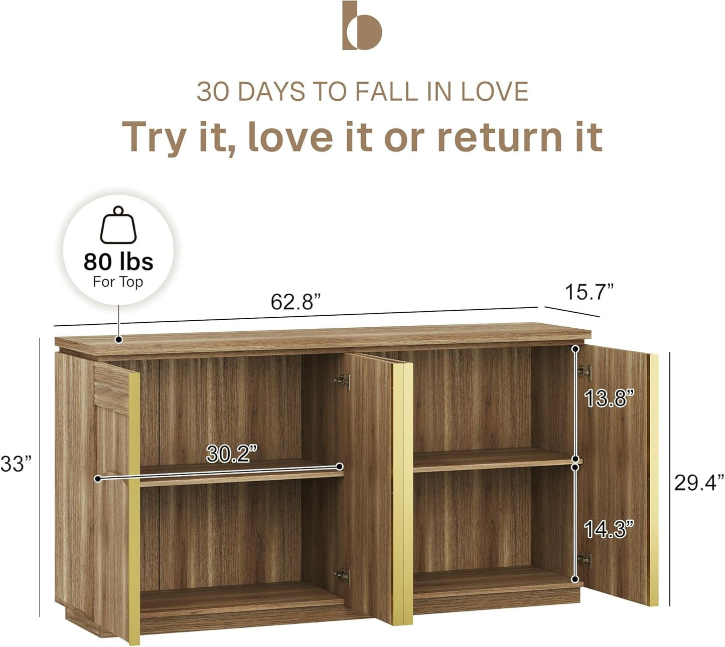 NEW 62 Inch Handcrafted Oak Sideboard Cabinet Midcentury