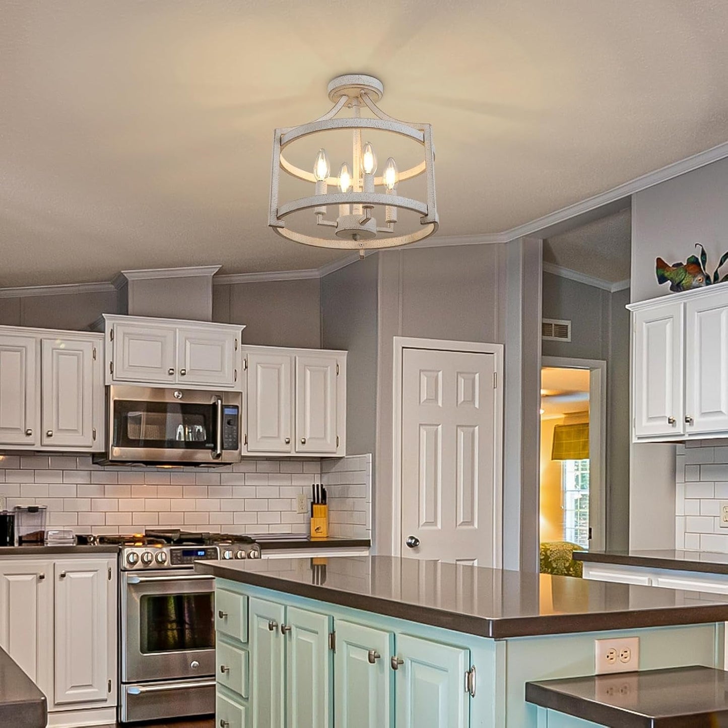 NEW Distressed White 4 Light Farmhouse Chandelier Convertible Mount