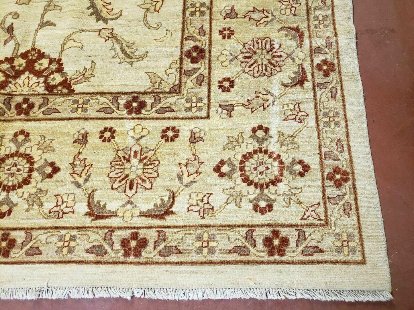 USED Oushak Rug 10x14 Neutral Colors Handmade Peshawar Wool Carpet Oatmeal Beige