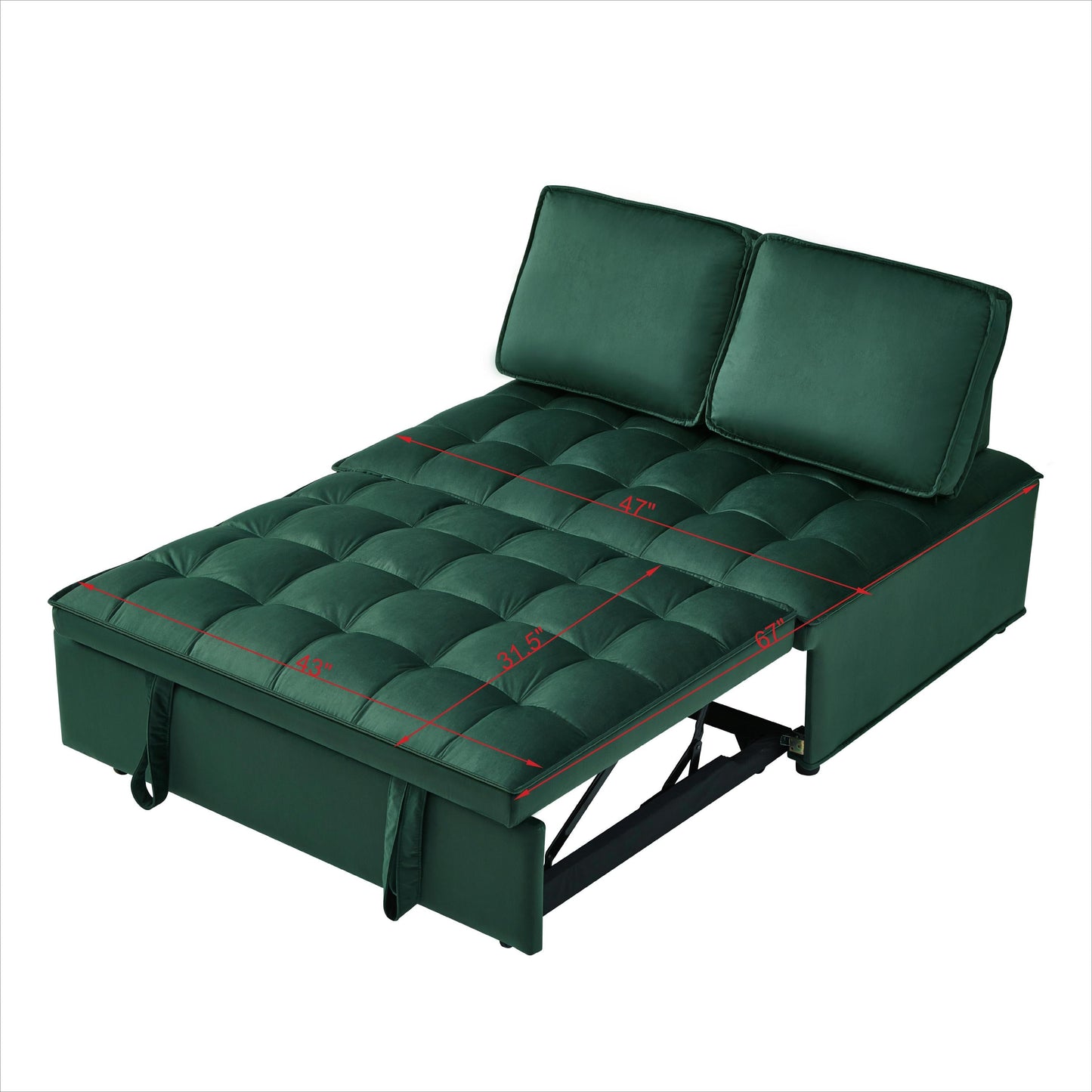 NEW Convertible Modern Green Velvet Fabric Double Seat Loveseat Sleeper Sofa Bed with 2 Detachable Backs