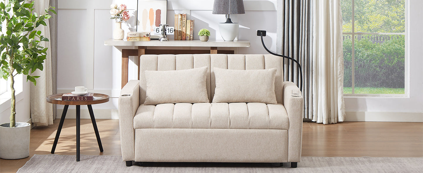 NEW Beige Bella Fabric Convertible Sofa Bed Loveseat