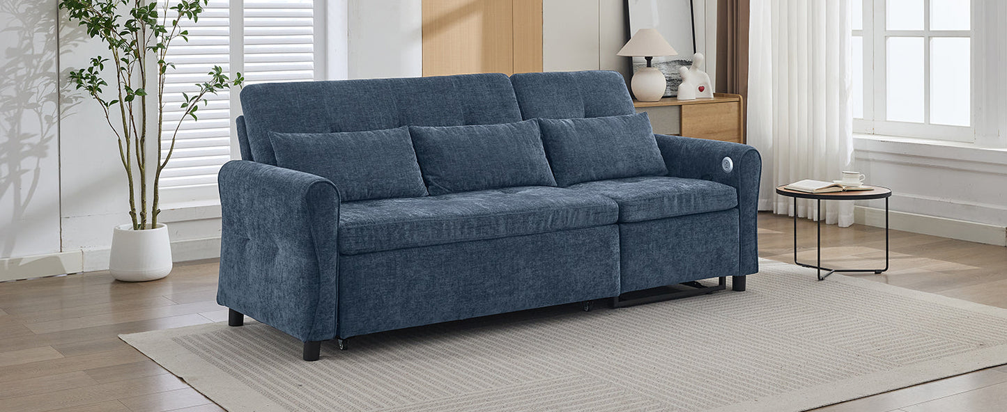 NEW 2-in-1 Sofa 82' Three-seater Sofa with Sofa Bed and Reversible Recliner, Blue Chenille