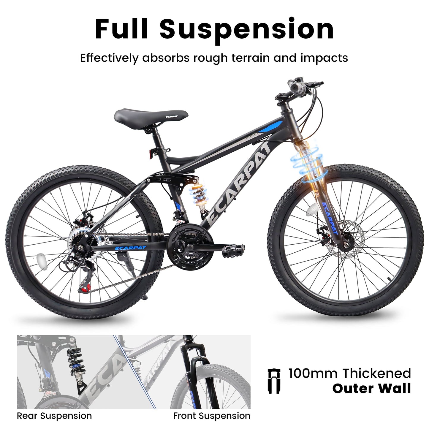 NEW A2460 24 Inch Mountain Bike with Full Suspension, 21 Speed Grip Shifters, High Carbon Steel Frame, Mechanical Disc Brakes, Unisex for Men/Women/ Adults, Ideal for Trails.