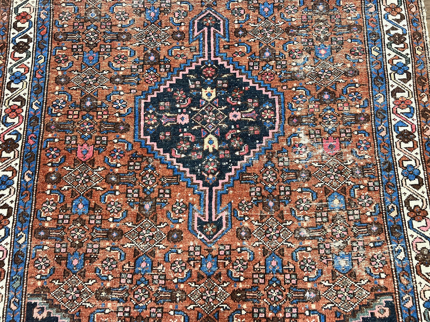 USED.Red Persian Hamadan Rug 4x6, Wool Handmade Antique Carpet, Geometric Medallion Rug, Oriental Rug 4 x 6, Persian Tribal Rug, Hand Knotted Rug