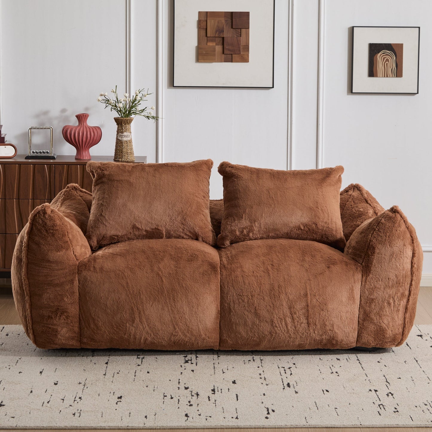 NEW Adult Brown Ultra Soft Fluffy Loveseat Giant Bean Bag Sofa Oversized Chase Lounge Chair with Pillows