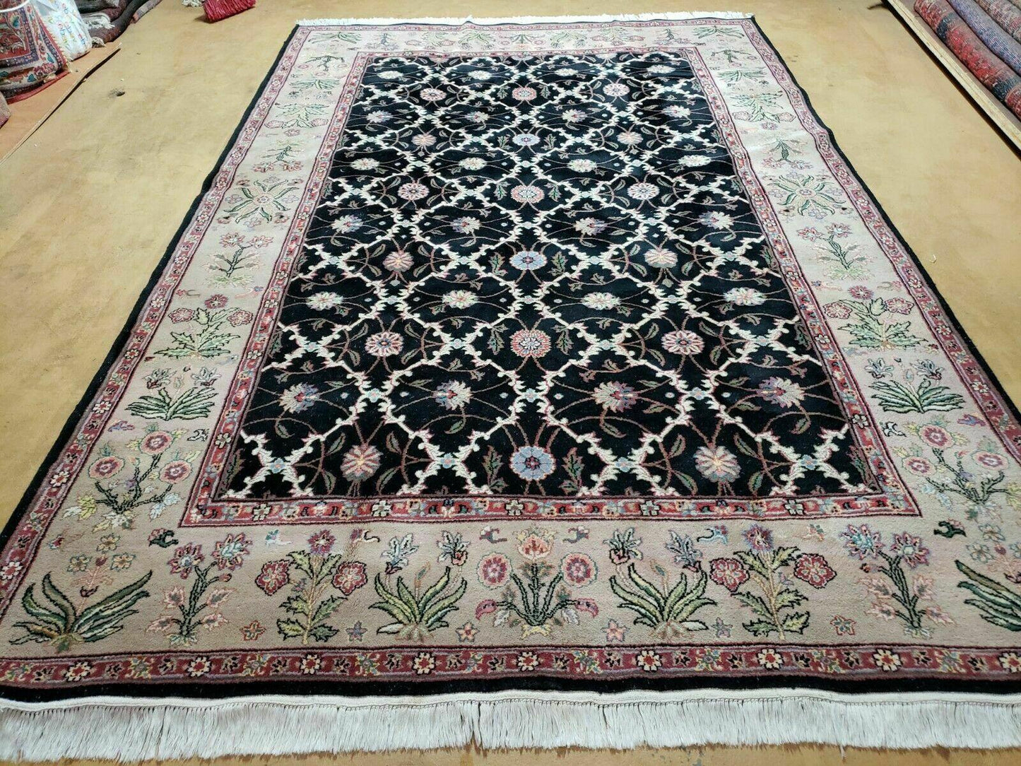 USED 6' X 9' Handmade India Floral Oriental Wool Rug Carpet Hand Knotted Nice Black