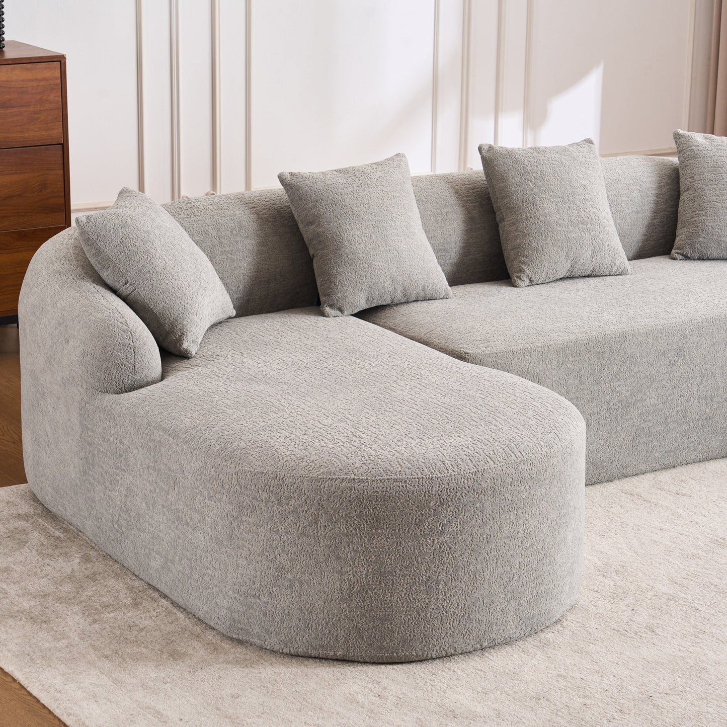 NEW Boneless Minimalist Curved Chaise Grey Chenille Compression Modular L-Shape Sectional Sofa Sleeper Couch with 30D High-Density Foam
