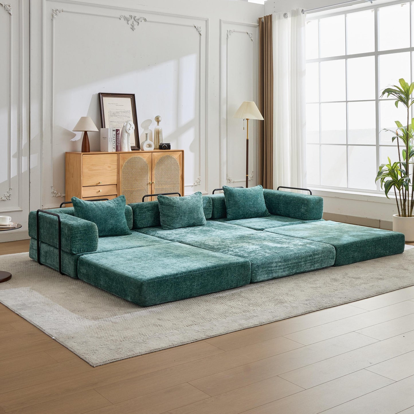 NEW Dark Green Chenille Fabric Compression Convertible Floor Sofa Bed