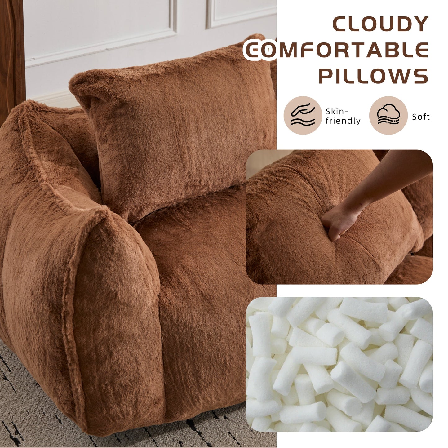 NEW Adult Brown Ultra Soft Fluffy Loveseat Giant Bean Bag Sofa Oversized Chase Lounge Chair with Pillows