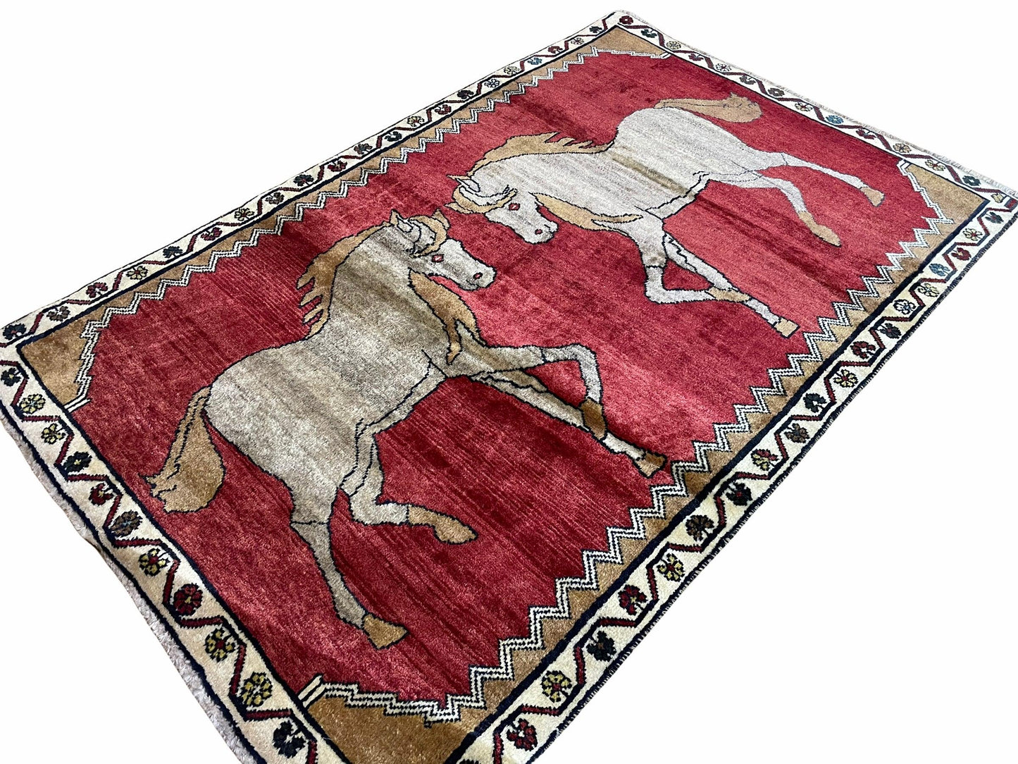 USED 4 X 6 Handmade Hand-Knotted New Vintage Rug Wool Horses Red Organic Dyes Tribal