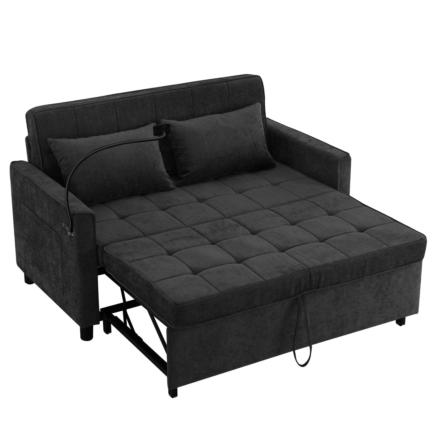 NEW Contemporary 56.9' Loveseat Sofa Bed Sleeper with Reversible Backrest, Side Pockets, USB Ports, Phone Holder, Black Chenille