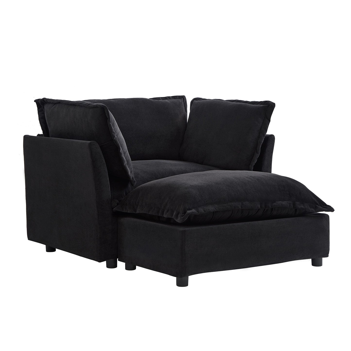 NEW Modern Armchair Sofa 47' Cozy Upholstered Sofa Chair with Movable Ottoman, Black Chenille, Wide Seat & Curved Armrests