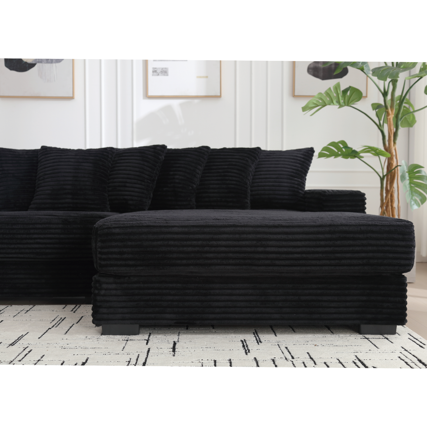 NEW Oversized Black Two-Piece Couch L Shaped Sofa Corduroy Right Chaise Daybed with Armrests Eight Throw Pillows