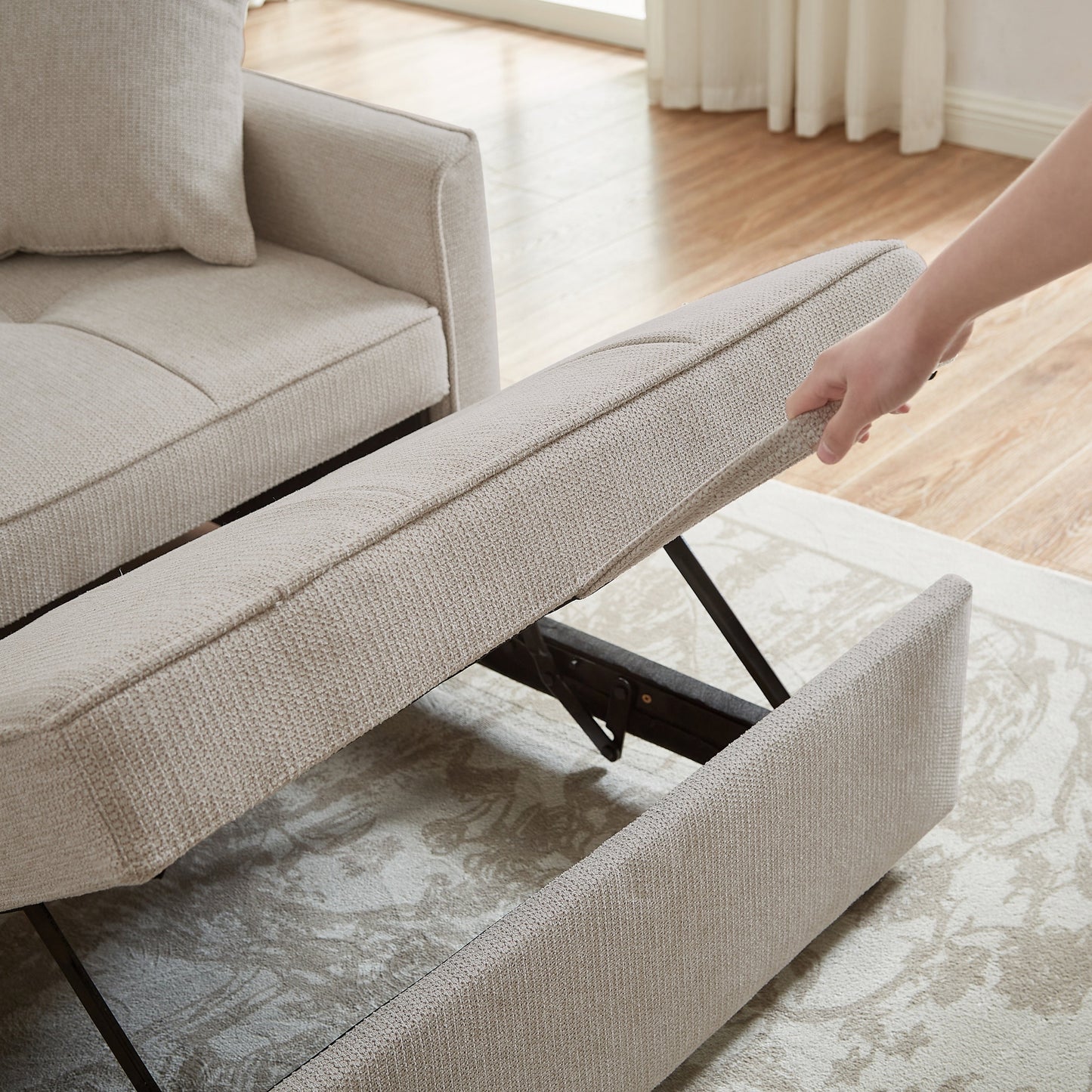 NEW Beige Fabric 3 Seat Pull-out Double Sleeper Sofa Couch with Storage Armrest