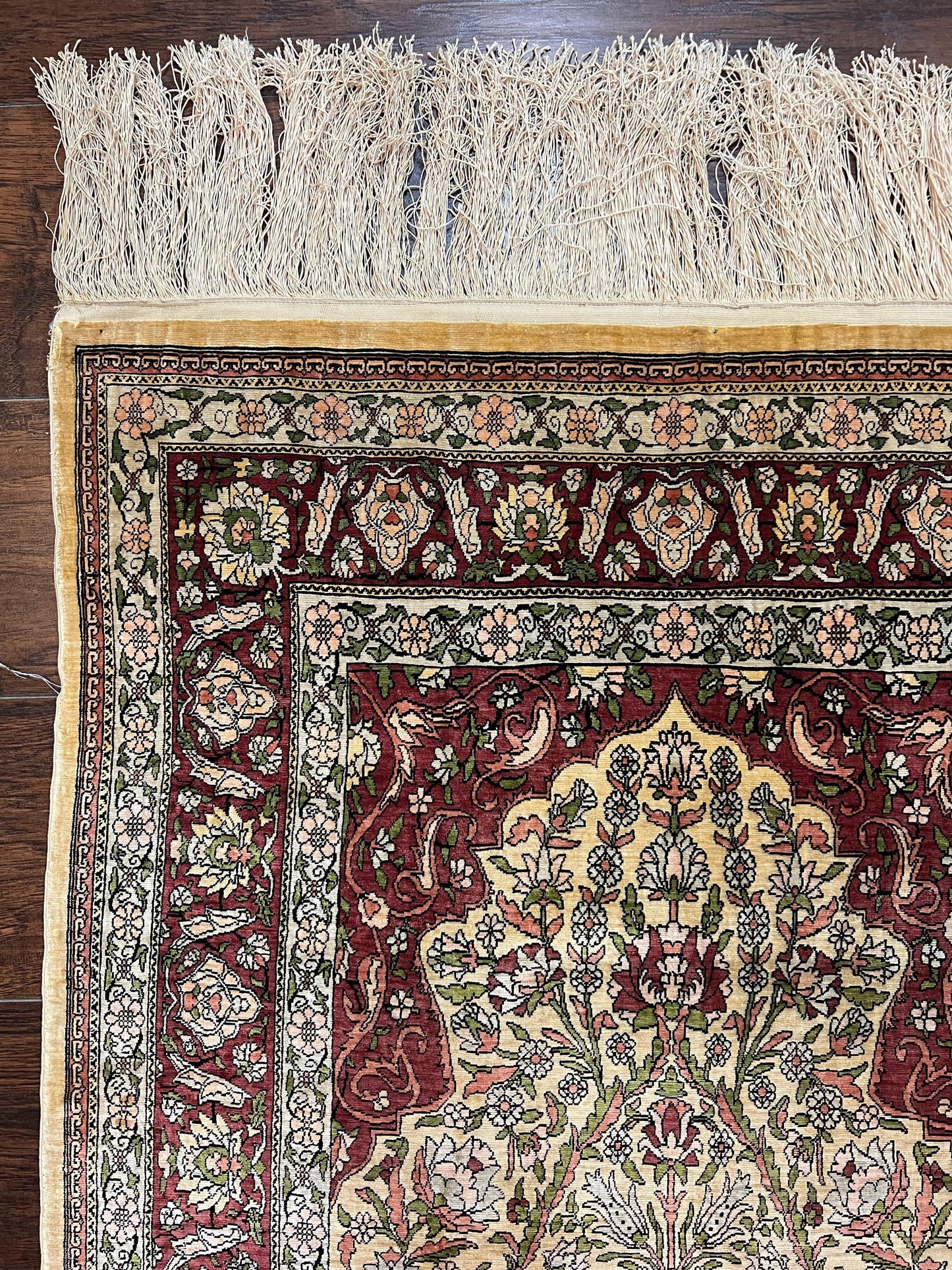 USED Wonderful Silk Turkish Hereke Prayer Rug 2.8 x 4.5, Tree of Life Design, Signature from Master Weaver, Gold and Burgundy, Handmade, 625 KPSI