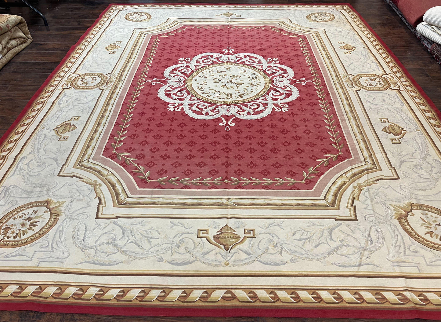 USED Aubusson Rug 9x12 ft, Red and Ivory Elegant Aubusson Carpet, Flatweave, Vintage Wool Handmade Area Rug 9 x 12, French European Design