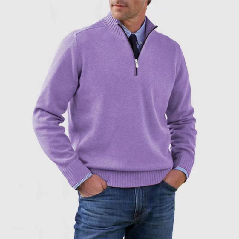 New Men's Stand Collar Zipper Sweater Winter Fashion Solid Color Long Sleeve Knitted Top Clothing