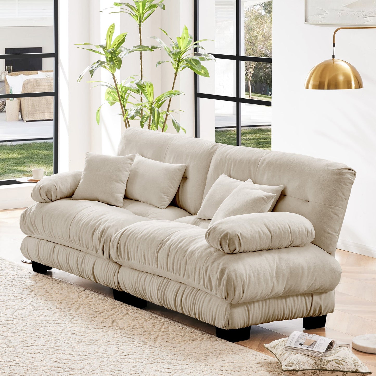 NEW Cloud Couch Chenille Light Coffee 2 Seat Sofa with 2 Lumbar and 2 Throw Pillows