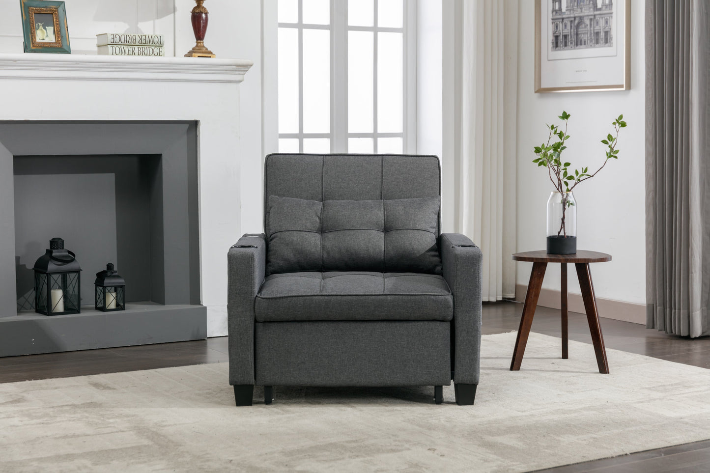 NEW Dark Grey Linen Futon Bed Convertible Chair 3-in-1 Pull Out Sleeper