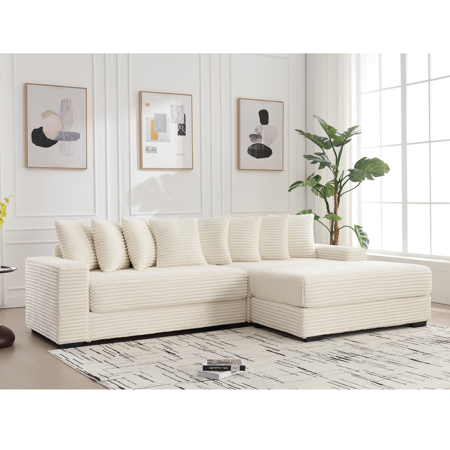 NEW Beige Corduroy Oversized Two-Piece L Shaped Sofa Couch (Right Chaise Daybed Corner with Armrests and Eight Throw Pillows