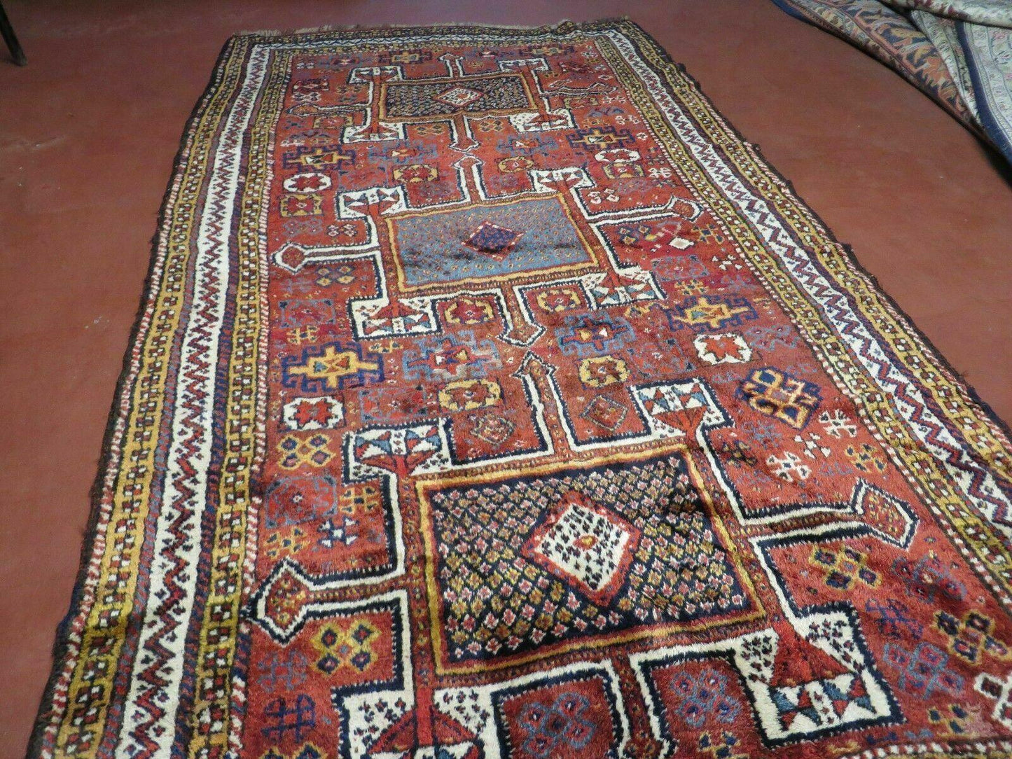 USED Antique Moroccan Runner Rug 4x9, Wide Runner, Hand Knotted Tribal Oriental Carpet, Hallway Rug, Geometric Medallions, Red, Bohemian Rug Nice