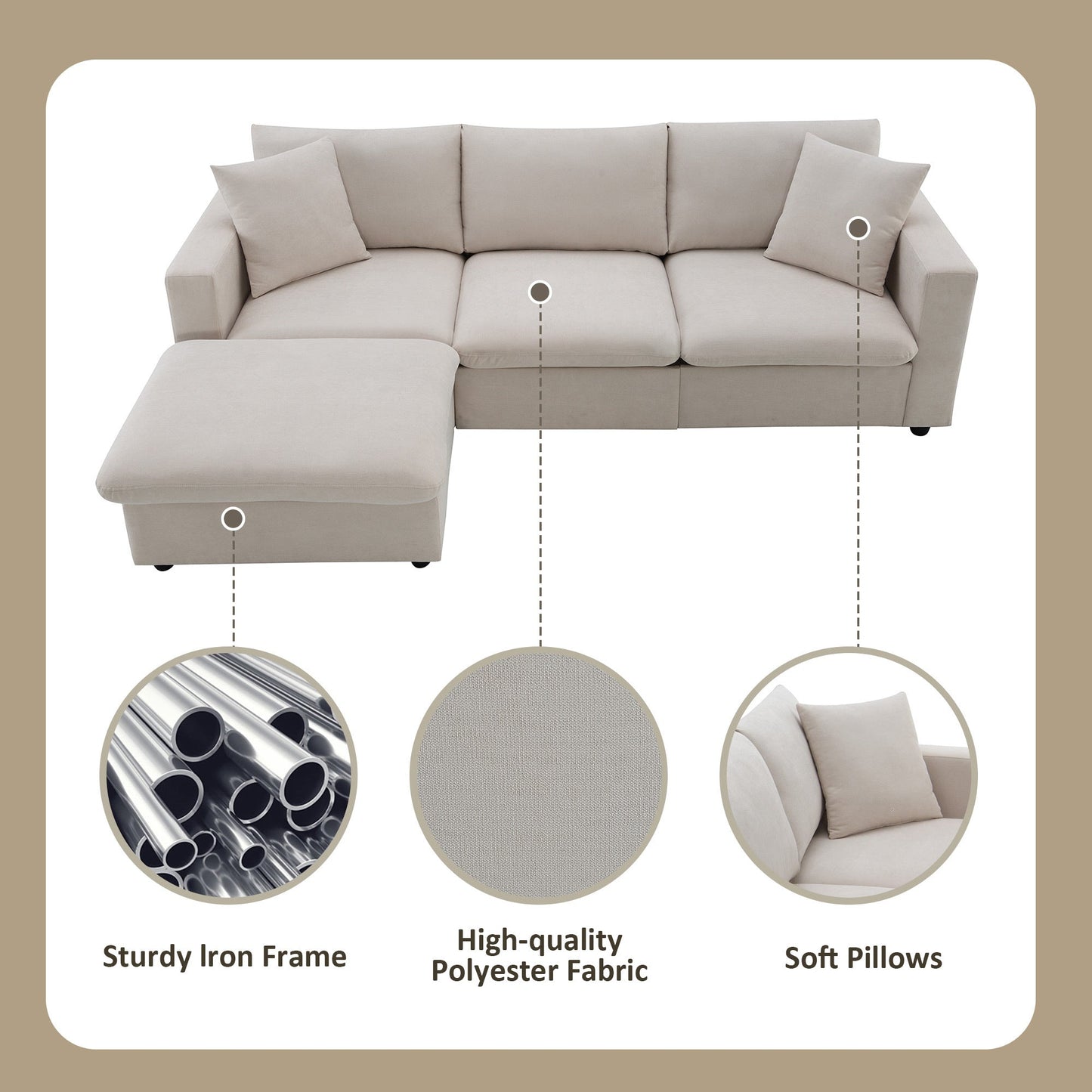 NEW Modern Sectional Sofa with Movable Ottoman and Throw Pillows