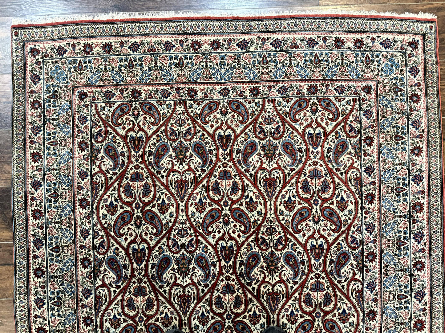 USED Unique Persian Qum Rug 5x7, Repeated Paisely Boteh Design, Ivory Red Blue, Handmade Antique Wool Persian Carpet, Finely Hand Knotted