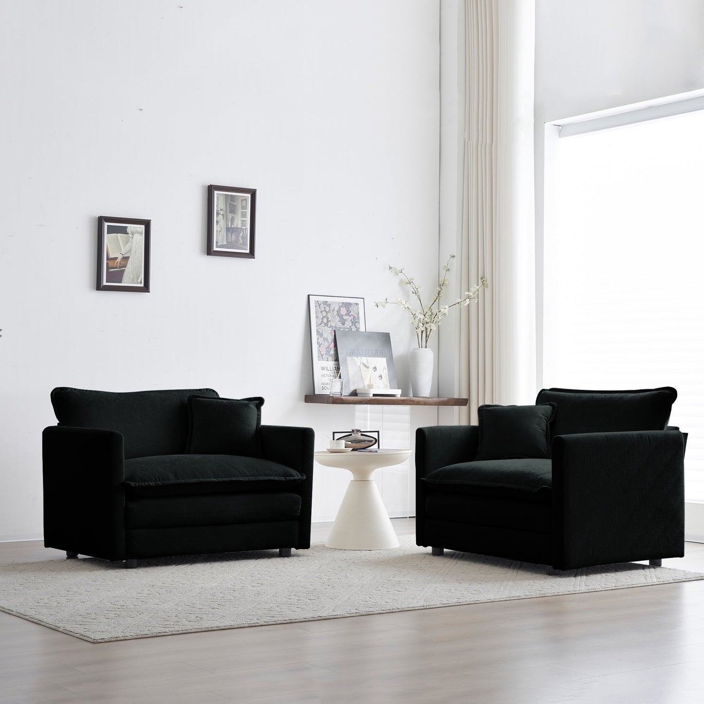 NEW 2pc High-end Black Chenille Upholstered Accent Armchair Side Chair Set with Toss Pillow
