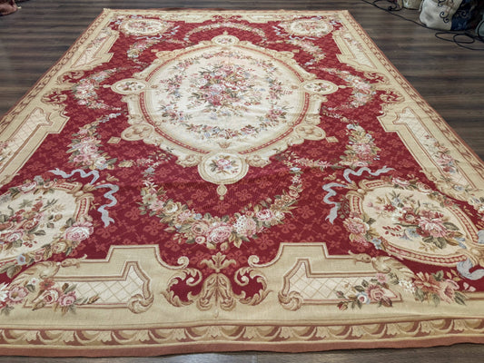 USED Aubusson Rug 8x11, Needlepoint Carpet, Red Ivory Beige, Vintage, French European Design