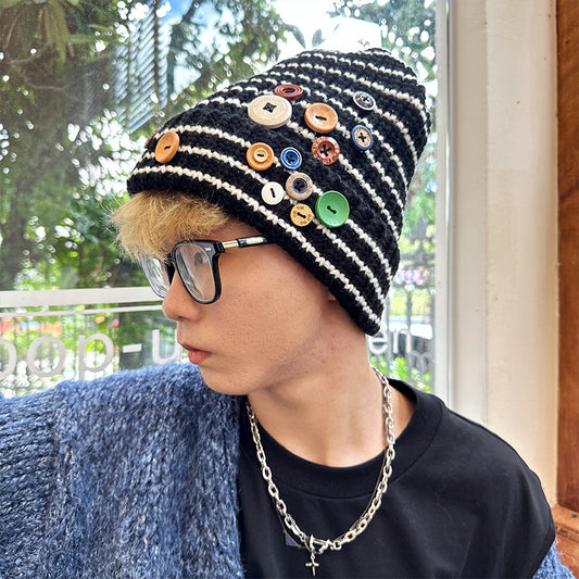 New Autumn And Winter Buttons Knitted Hat Warm Ear Protection All-match And Cute Pile Heap Cap