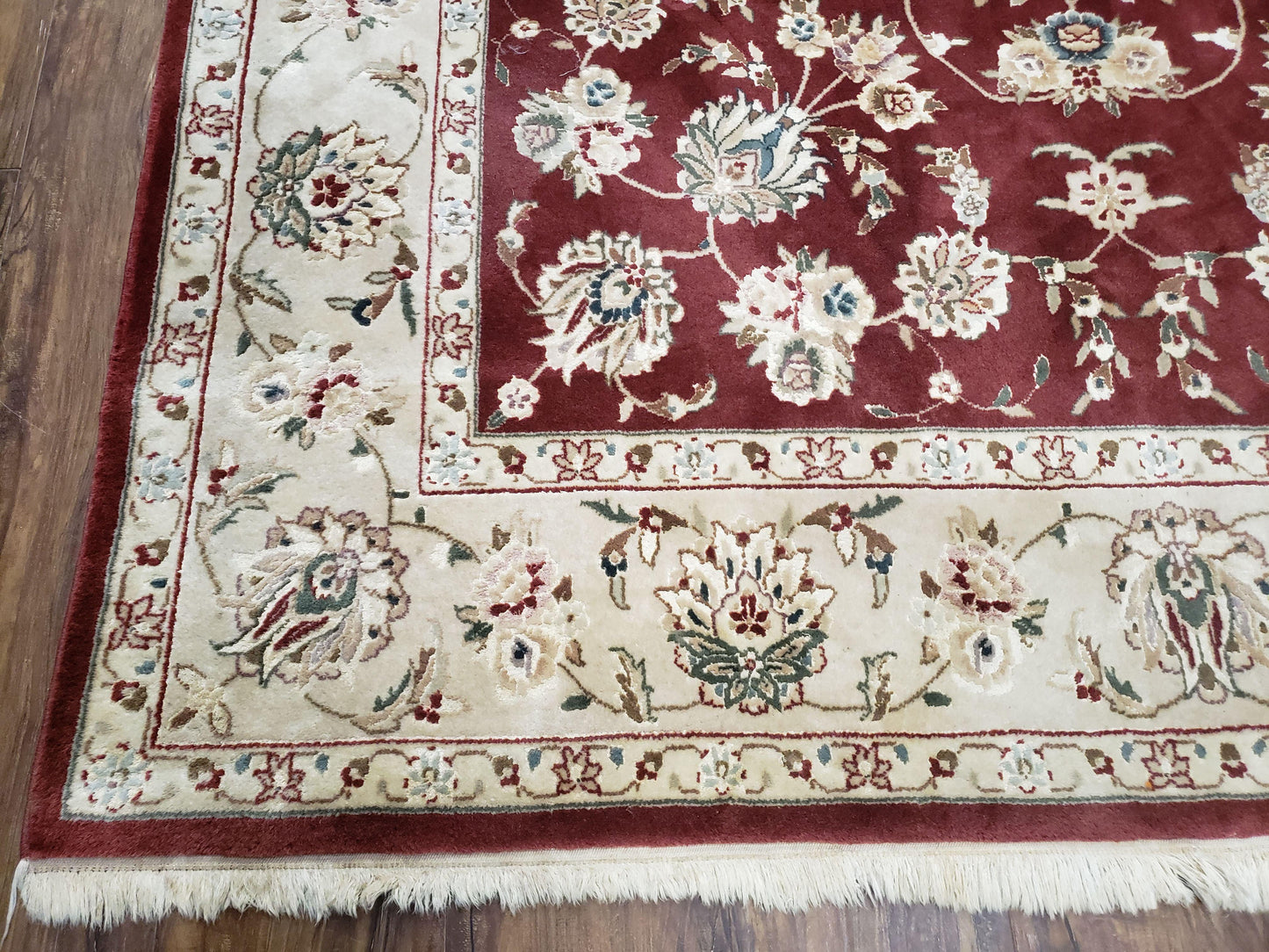 USED Vintage Traditional Oriental Area Rug, Hand-Knotted, Wool & Silk Accents, Maroon Red and Beige, 6x9 Carpet, 5' 9" x 9'
