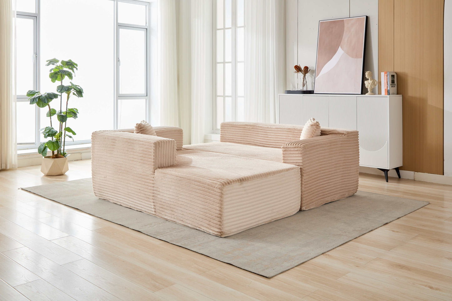 NEW Compression Sectional Couch with Comfy Chaise, Boneless L Shape Sofa with Deep Seat, Minimalist Modular Couches Sleeper for Living Room Bedroom Apartment Lounge,corduroy,Beige