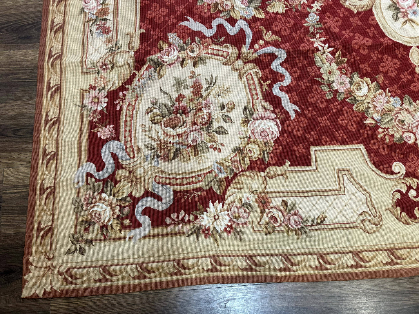 USED Aubusson Rug 8x11, Needlepoint Carpet, Red Ivory Beige, Vintage, French European Design