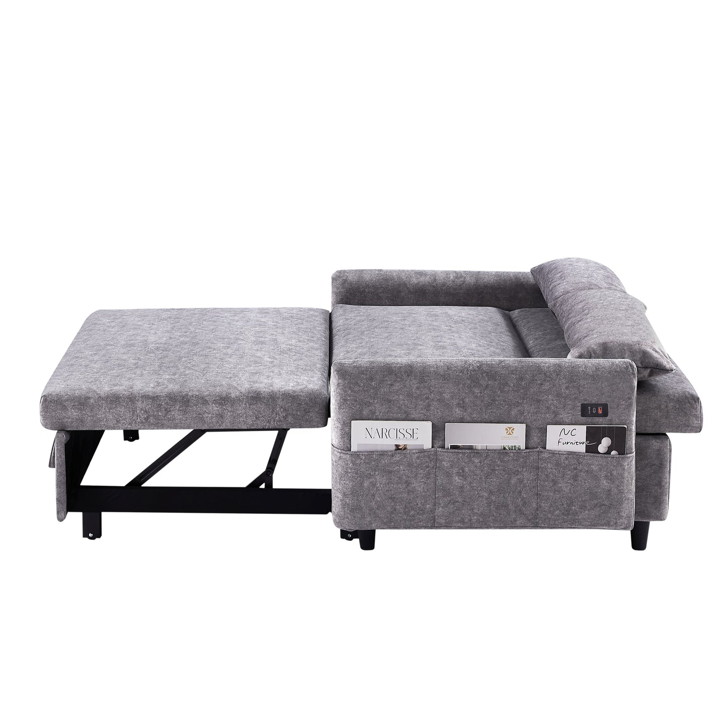 NEW Contemporary Grey Pull Out Sleep Sofa Bed Loveseat with Adjustable Backrest Storage Pockets USB Ports and 2 Soft Pillows