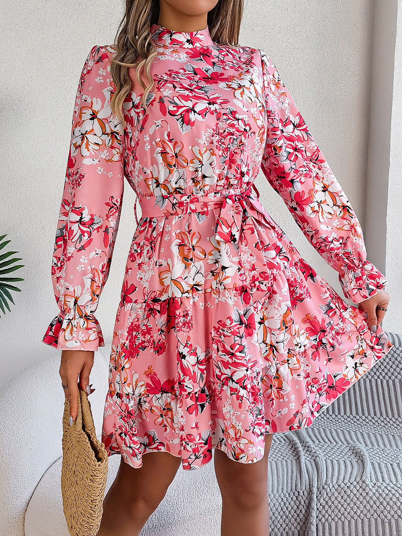New Standing Collar Floral Print Waist-controlled Long Sleeves Ruffled A-line Dresses For Women Spring Autumn Ruffle Edge Long Dress