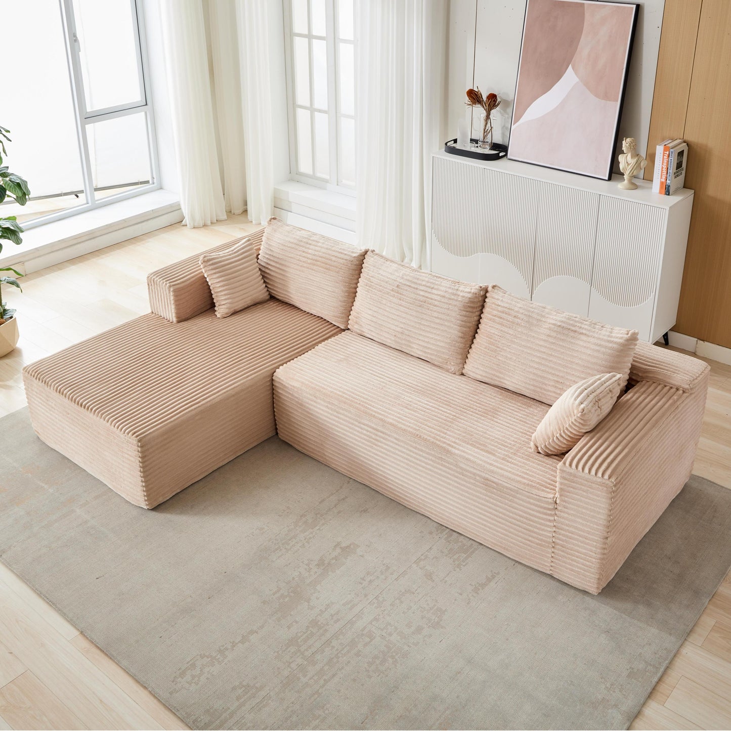 NEW Compression Sectional Couch with Comfy Chaise, Boneless L Shape Sofa with Deep Seat, Minimalist Modular Couches Sleeper for Living Room Bedroom Apartment Lounge,corduroy,Beige