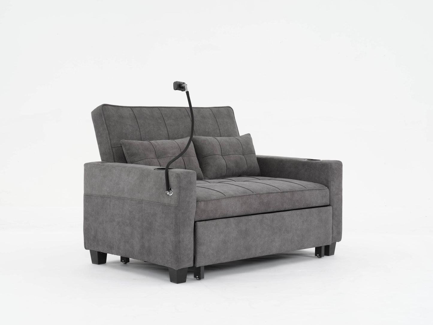 NEW Dark Grey Cloth Fabric 2 Seater Loveseat Recliner Sofa Bed with Adjustable Backrest USB and Cupholders