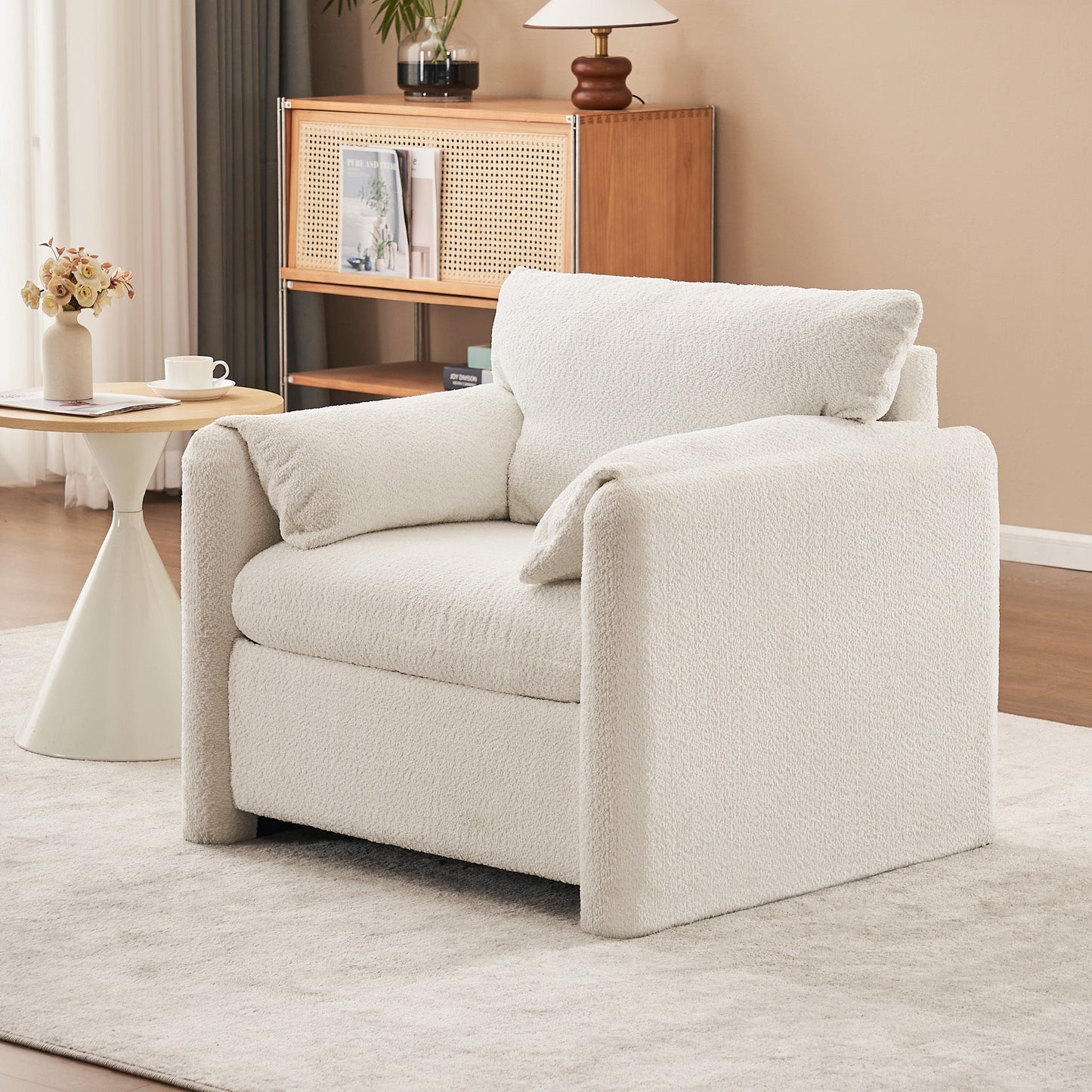 NEW Fixed Modern Ivory White Plush Chenille Lounge Accent Single Seater Armchair Chair with High-Resilience Cushion