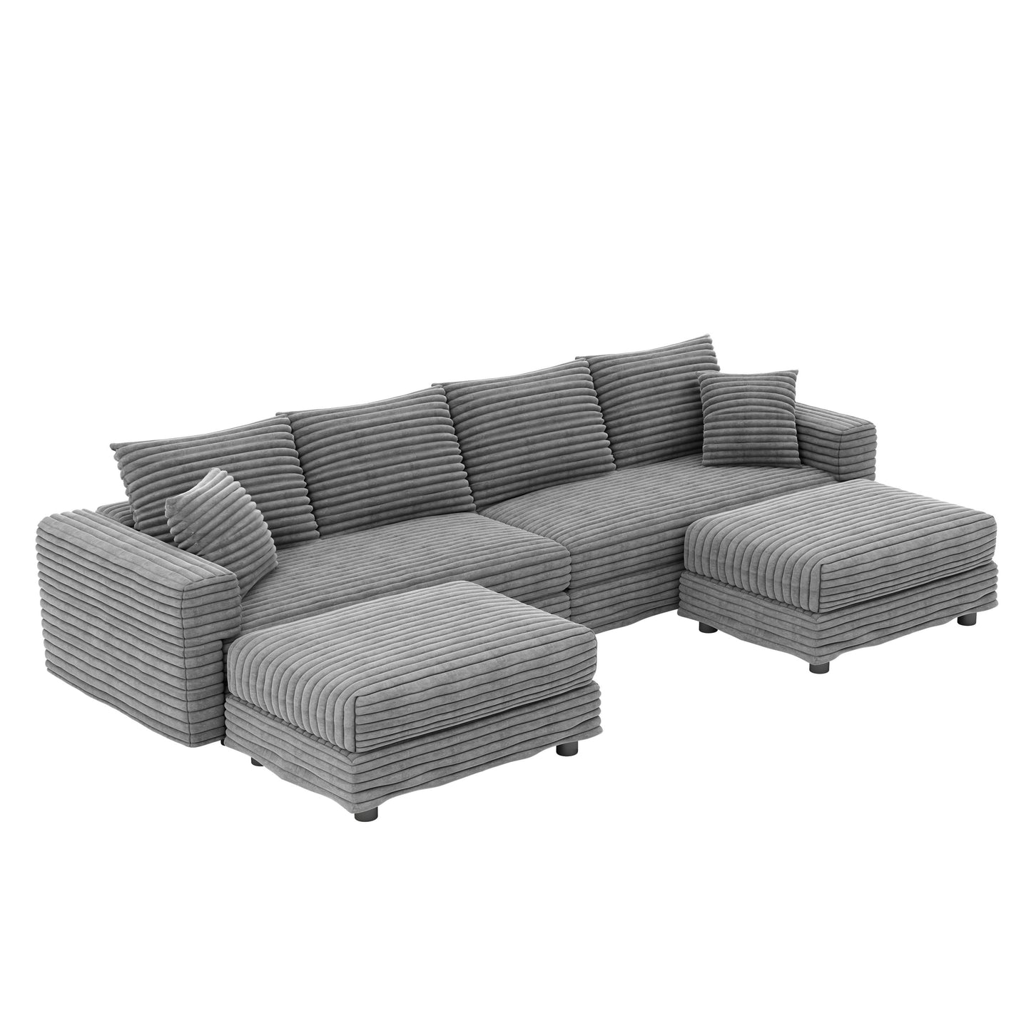 NEW 104.3' Modern Grey Convertible Lounge Chair Comfy Upholstered Plush Corduroy 4-Seat Sofa Cloud Deep Seat Couch with Soft Pillows and 2 Ottomans